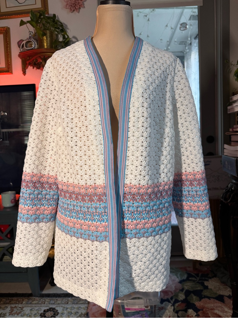 Marty Gutmacher Vintage White Crochet Open Front Cardigan Blue Pink Boho